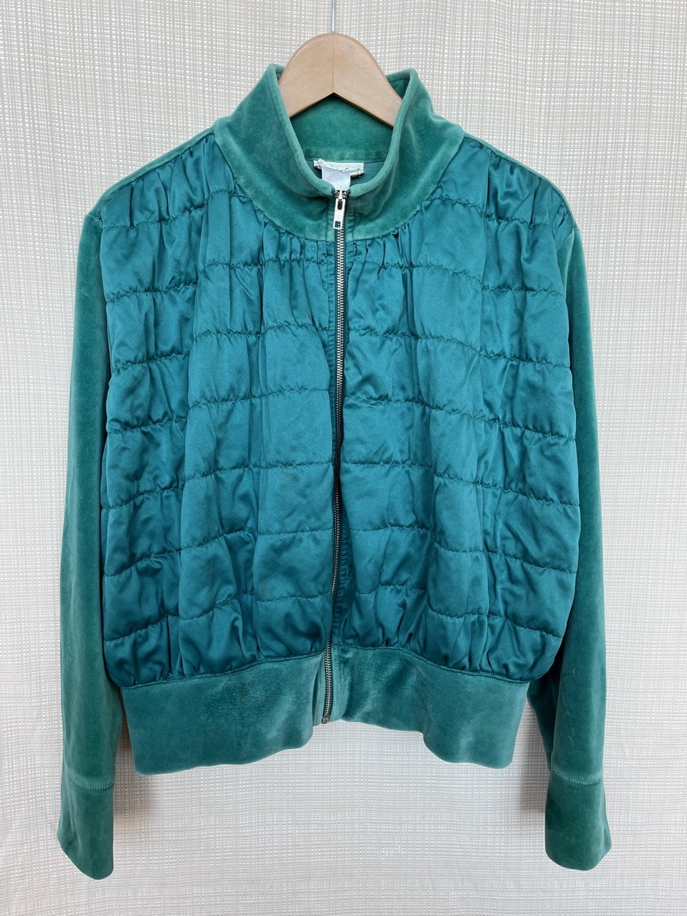 Vintage Athletic Teal Velour Satin Ruching Zip Up Athleisure Jacket 90s Y2K